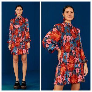 FARM Rio Garden Navy Smocked Mini Dress Size S Balloon Sleeve High Neck NWT